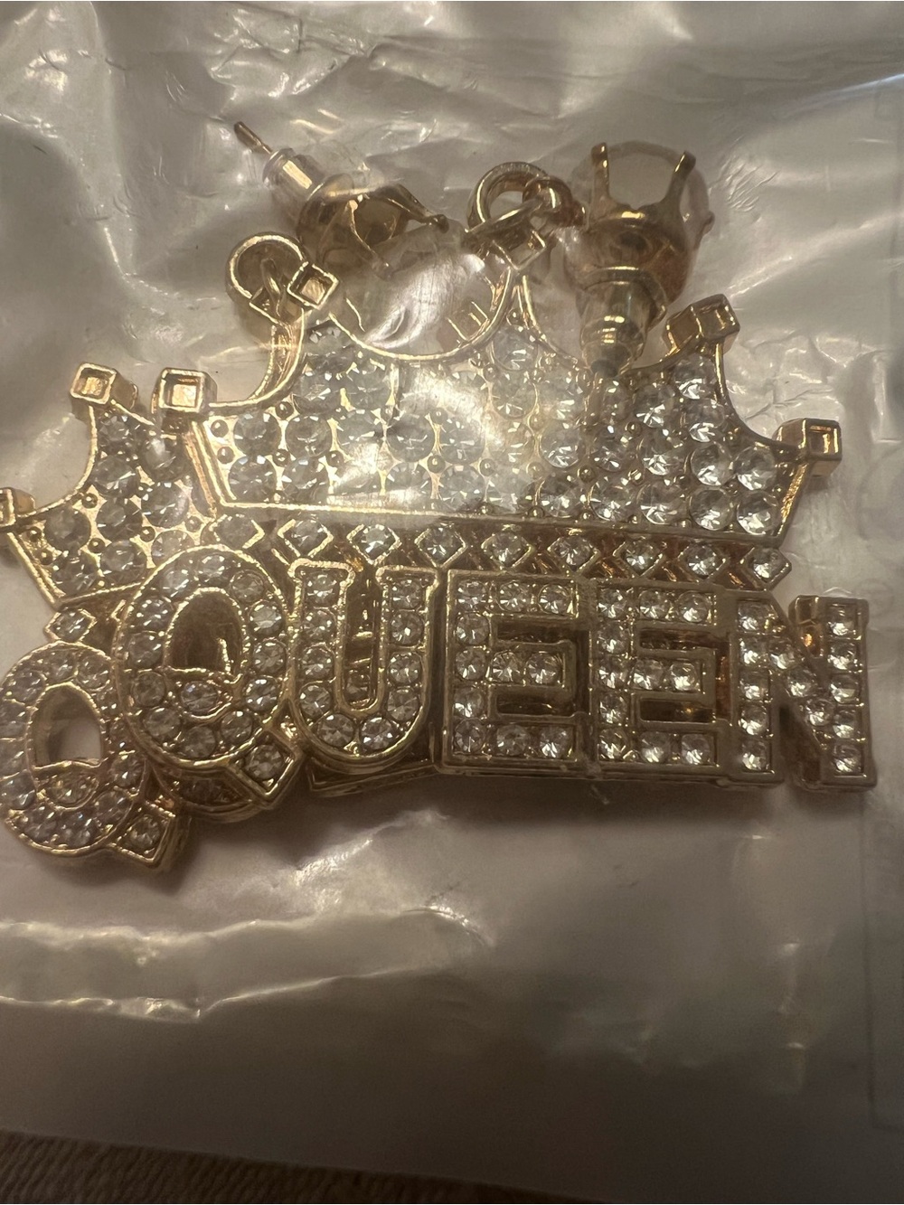 QUEEN Crystal Crown Earrings -Gold Tone